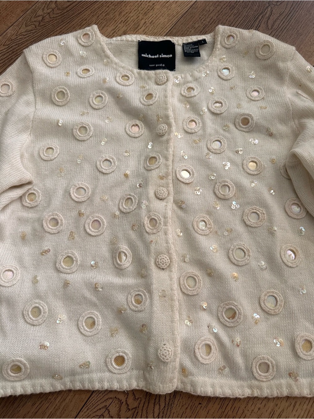 Michael Simon Cream Knit Sweater Jacket with Circular Appliqués
